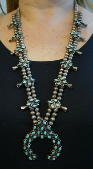 Vintage Zuni Squash Blossom Necklace Blue Gem Turquoise Sterling Silver 2