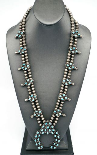 Vintage Zuni Squash Blossom Necklace Blue Gem Turquoise Sterling Silver 3