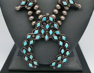Vintage Zuni Squash Blossom Necklace Blue Gem Turquoise Sterling Silver 4