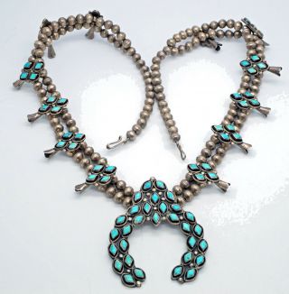 Vintage Zuni Squash Blossom Necklace Blue Gem Turquoise Sterling Silver 6