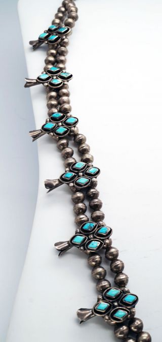 Vintage Zuni Squash Blossom Necklace Blue Gem Turquoise Sterling Silver 7