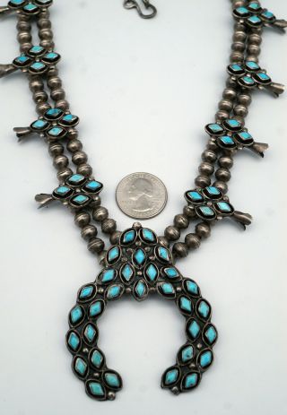 Vintage Zuni Squash Blossom Necklace Blue Gem Turquoise Sterling Silver 9