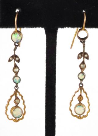 C.  1880 - Antique / Victorian 10k Gold Earrings W/ Precious Opals & Seed Pearls