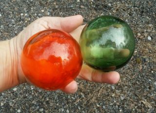 Vintage Japanese Glass Fishing Floats Orange Green Ball Nautical Beach Collector