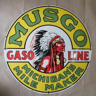 Musgo Gasoline Vintage Porcelain Sign 30 Inches Round