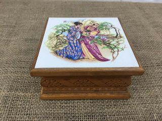 Vintage Carved Wooden Chinese Tiled Top Ornate Trinket Box