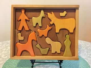Vintage Mid Century Antonio Vitali Wood Jigsaw Puzzle Animal Stick Figure Theme