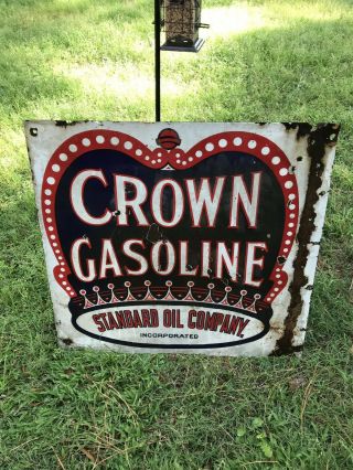 Rare Vintage Red Crown Gasoline Porcelain Double Sided Sign 2
