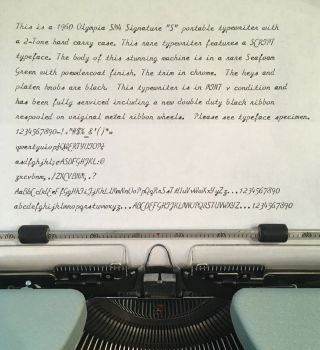 VTG 1960 Olympia SM4 Signature S Seafoam Script Portable Typewriter w/ Case 4
