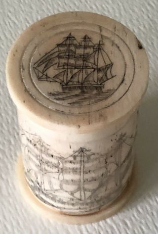 Vintage Antique Scrimshaw Hand Carved Bone Tall Ship Rnd Snuff Box Canister Jar
