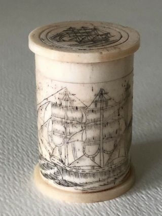 Vintage Antique Scrimshaw Hand Carved Bone Tall Ship Rnd Snuff Box Canister Jar 3