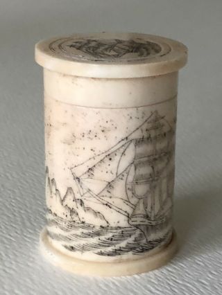 Vintage Antique Scrimshaw Hand Carved Bone Tall Ship Rnd Snuff Box Canister Jar 4
