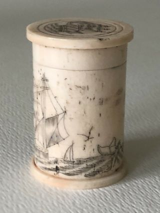 Vintage Antique Scrimshaw Hand Carved Bone Tall Ship Rnd Snuff Box Canister Jar 7