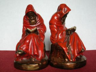 Bronze Red Robed Monks Reading - Book Ends 1900 - 1920s Vintage