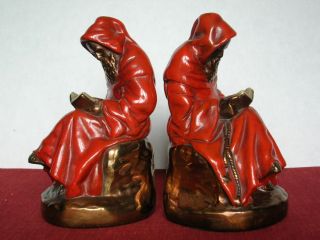 Bronze Red Robed Monks Reading - Book Ends 1900 - 1920s Vintage 3