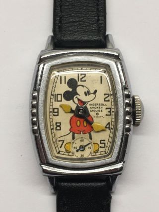 Vintage 1930s Ingersoll Pink Floyd Mickey Mouse Wrist Watch 5 Notch Case