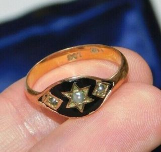 Antique,  Georgian 9ct Gold Black Enamel Seed Pearl Mourning Ring Dated 1833