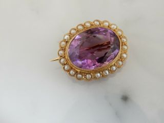 A Stunning Antique 15 Ct Gold Oval 8.  00 Carat Amethyst And Pearl Brooch