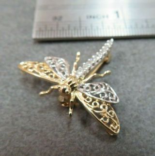 Vtg 14k Solid Gold Diamond Dragonfly Brooch Pin Fly Insect