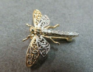 Vtg 14K Solid Gold Diamond Dragonfly Brooch Pin Fly Insect 2