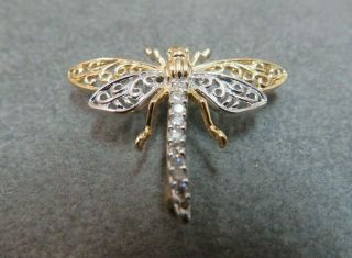 Vtg 14K Solid Gold Diamond Dragonfly Brooch Pin Fly Insect 3