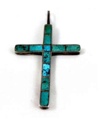 Rare Zuni Channel Inlay Natural Turquoise Cross Pendant Probably Mid - Century