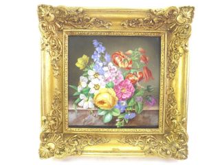 Antique 19th Century Painting On Porcelain Plaque Still Life Flowers On Ledge