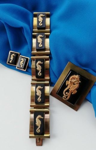 Vintage French Art Deco Parure Bracelet Brooch Earrings PainlevÉ Jhp Seahorse