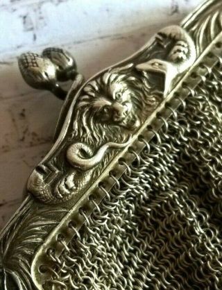 Fine Antique French Solid Silver 800 Mesh Purse Châtelaine Wallet Lion Vs Snake