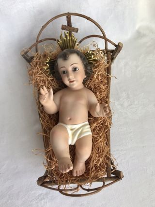 Vintage Plaster Nativity 9 " Baby Jesus Statue Glass Eyes Made In Spain Twig Crib