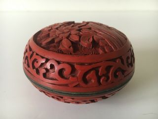 Vintage Chinese Carved Cinnabar Round Box On Blue Enamel Brass 3 " D X 1 7/8 " Ex,