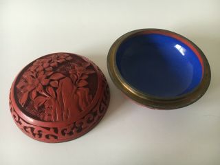 Vintage Chinese Carved Cinnabar Round Box on Blue Enamel Brass 3 