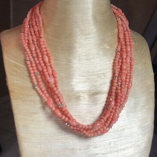 Vtg Fine Natural Multi Pink Coral Beaded Necklace.  925 Sterling Silver