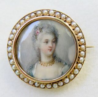 Antique Victorian Seed Pearl Portrait Miniature Brooch Locket Solid 14k Gold