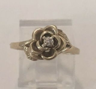 Vintage 10k Yellow Gold Diamond Rose Flower Floral Ring