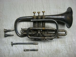 Antique Vintage Elkhart Ind Worcester Mass Brass Instrument Horn Cornet Trumpet