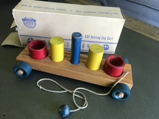 Vintage Wood Holgate Nesting Cup Cart Pull Toy On Wooden Wheels