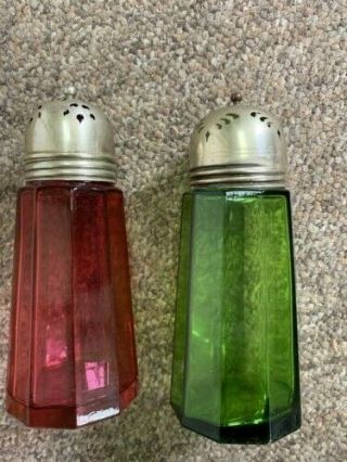 Two Vintage English Glass Cranberry/green Paneled Sugar Shakers