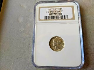 Rare 1942/41 Silver Mercury Dime Ngc Certified Au - 55 Key Error Overdate No Res