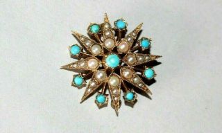 Antique 9ct Gold Starburst Brooch / Pin / Clip.  Turquoise & Natural Seed Pearls.