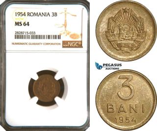 Ac949,  Romania,  3 Bani 1954,  Ngc Ms64,  Rare