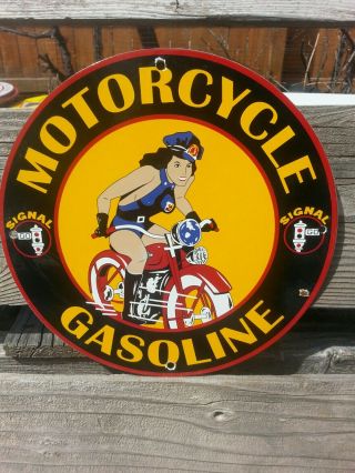 Vintage 1948 Signal Motorcycle Harley Davidson Porcelain Sign Gas Oil Pin Up
