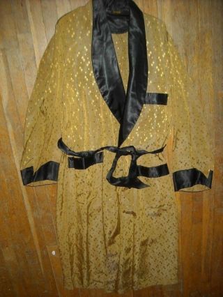 Vtg 50s Mens Black Gold Brocade Satin Playboy Hollywood Smoking Jacket Robe