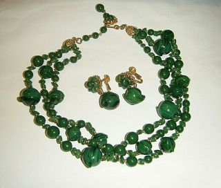 Miriam Haskell 1950s Green Malachite Art Glass 3 Str.  Necklace & Earrings Set