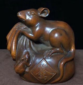 Collectable Decor Old Boxwood Handwork Carve Mice Ride Fortune Bag Art Statue