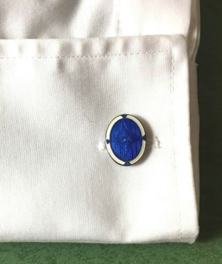 Vintage F A Hermann Sterling Art Deco Guilloche Blue Enamel Chain Link Cufflinks 4