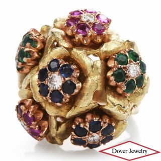 Vintage Diamond Sapphire Emerald Ruby 14k Gold Flower Ring 24.  4 Grams Nr