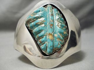 Best Vintage Navajo Hand Carved Leaf Turquoise Sterling Silver Bracelet Old