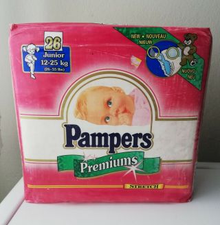 Vtg Pampers Premiums Stretch 26 Girls Diaper Sz Junior Xl 12 - 25kg,  26 - 55lbs Rare