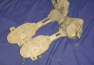 Vintage Antique Clamp - On Metal Roller Skates With Leather Straps Old Rustic